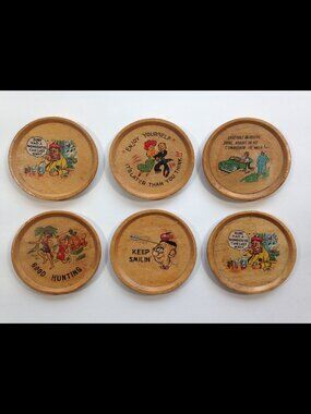 Vintage Funny Coasters Set of 6 Wood Novelty Tiki Bar drinking jokes mid century